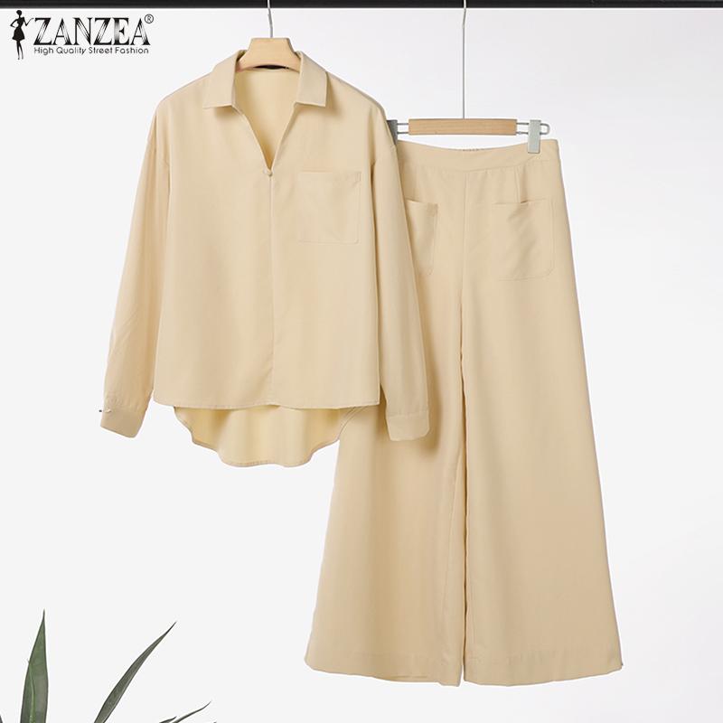 ZANZEA Женские повседневные комплекты из двух предметов: блузка с длинным рукавом и брюки