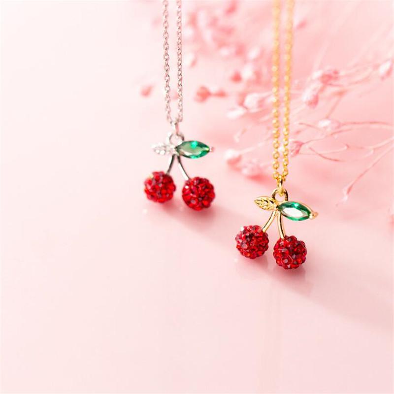 New Flash Full Of Crystal Red Small Cherry 925 Sterling Silver Jewelry Temperament Fruit Clavicle Chain Pendant Necklaces XL152