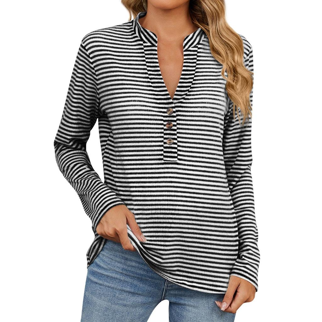 Women's Fashion Striped V Neck SLong Sleeve Button Casual T-shirt Top