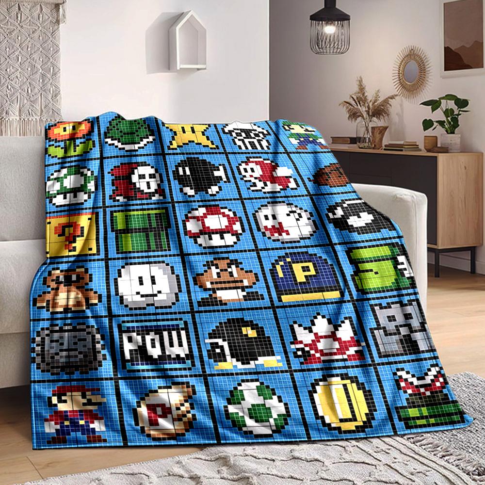 1pc Mario Characters Flannel Throw Blanket HD Printed Lightweight Soft Warm All Season Blanket for Sofa, Bed, Travel, Camping Machine Washable