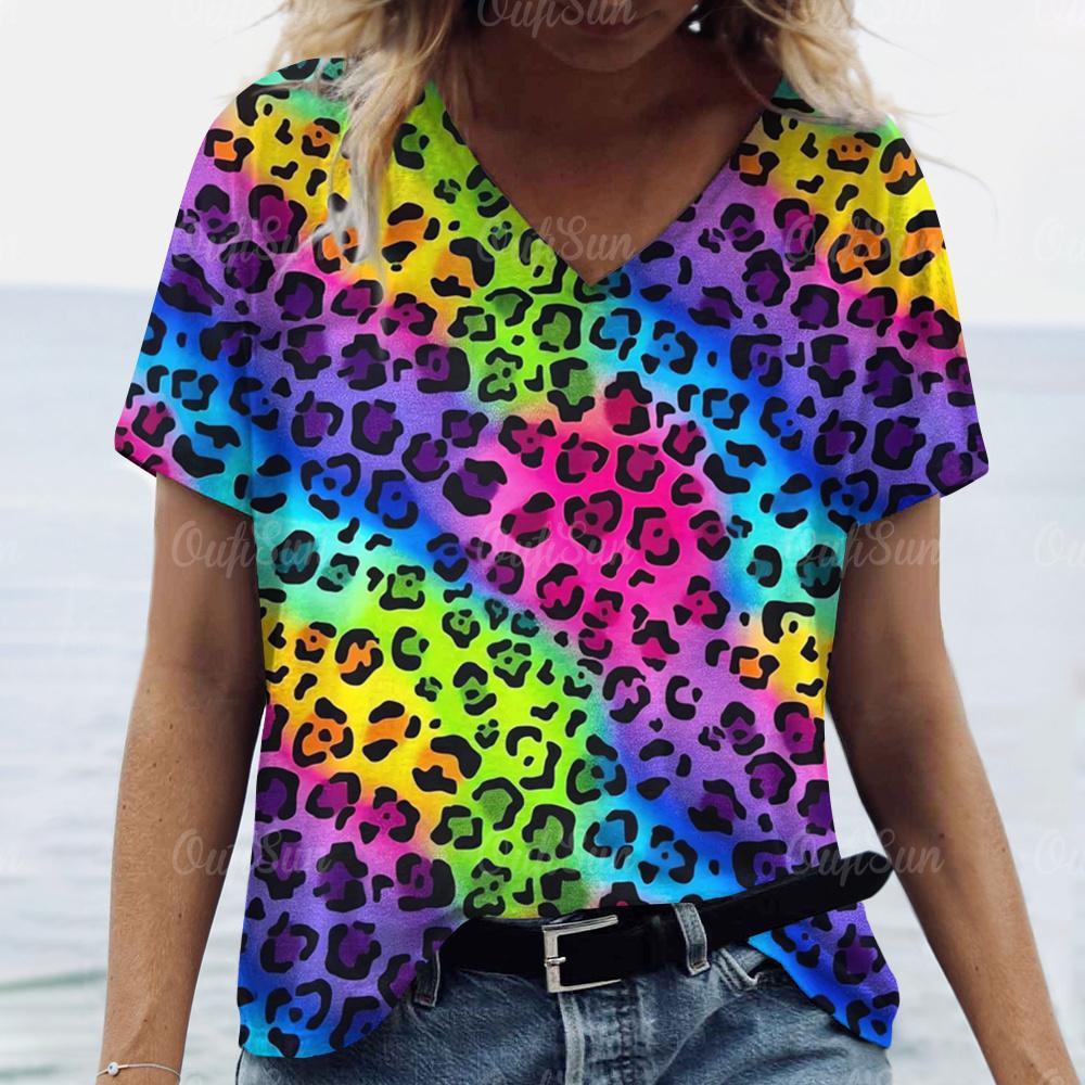 2025 Летние футболки с V-образным вырезом и ярким принтом для женщин, 3D цветочная эстетика, повседневные топы оверсайз, модный Харадзюку