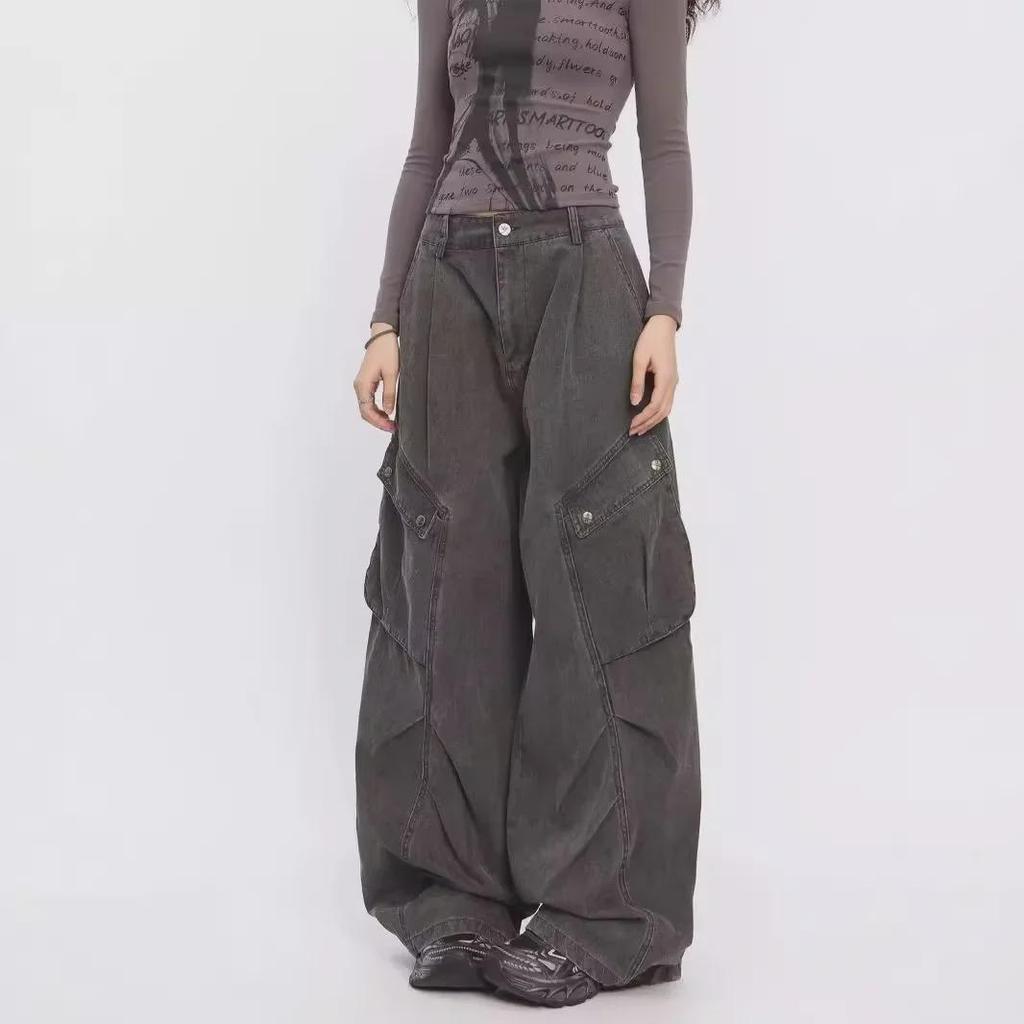 Джинсы унисекс с широкими штанинами в стиле ретро-хип-хоп с плиссированными карманами для уличных танцев