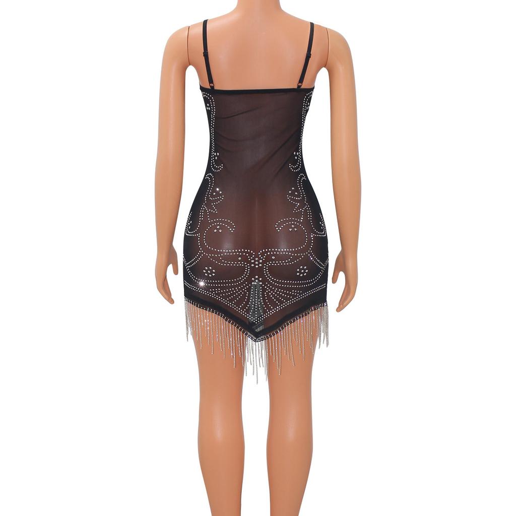 Women Summer Glam Sequins Night Mini Dress Birthday Outfits Sling Sexy See Through Mesh Black Rhinestone Tassel Party Short Dress
