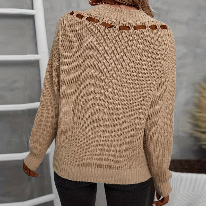 Yangyang Women's V-neck Bow Tie Lace-up Sweater - Autumn/Winter European & American Style Pullover.