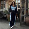 Women's Black and Blue Color Block Hooded Cropped Jacket with Wide Leg Pants Set, Casual Streetwear Outfit