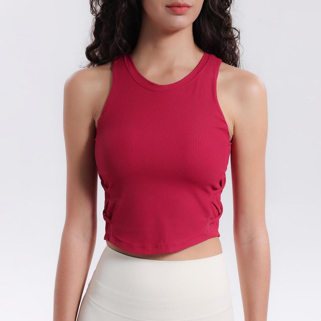 Autumn 2024 Lulu Yoga Vest with Side Waist Crisscross, High Elasticity, Moisture-Wicking, and Padded Sports Bra.