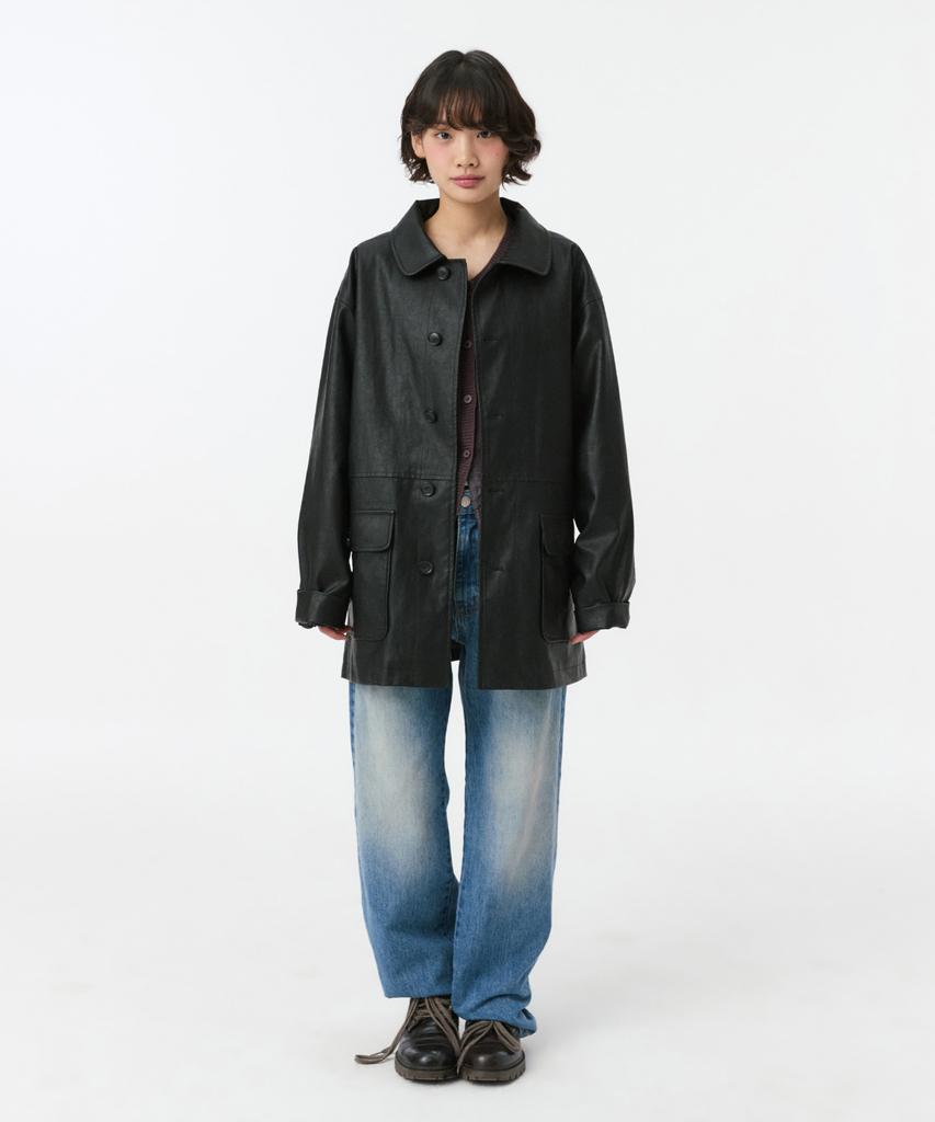 OHESHIO Signature Label Vegan Leather Jacket, Black
