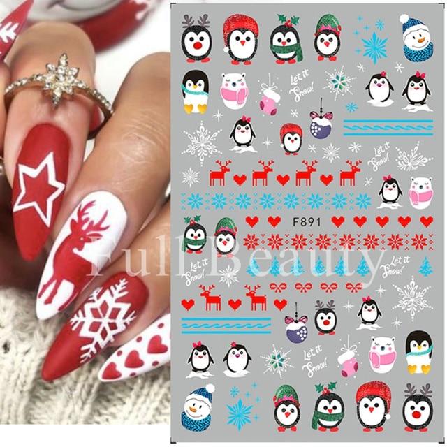 Рождественские наклейки для ногтей Пингвин Санта-Клаус Лось Дерево Олени Медведи Мультяшные ползунки Белые снежинки Наклейки Украшения для дизайна ногтей