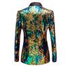 Men's Tropical Leaf Sequin Tuxedo Blazer, Black Satin Lapel Slim‑Fit Party Suit Jacket