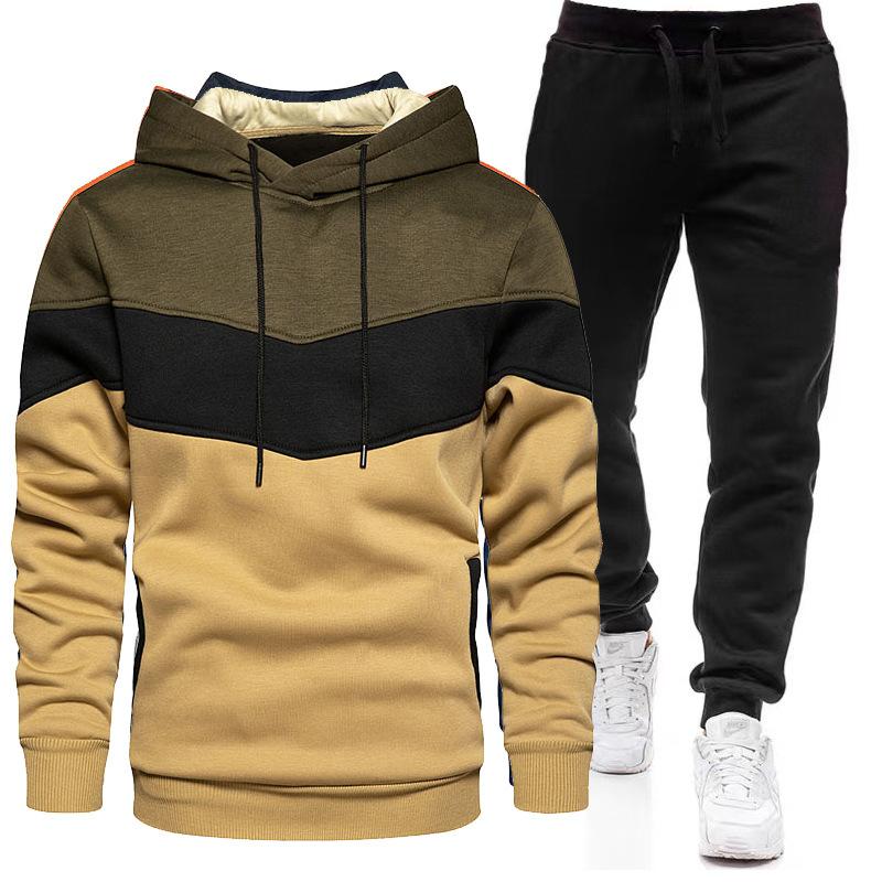 Sports Suit Men's Autumn Winter Plus Size Loose Hooded Sweatshirt Sweatpants Color Blocked 2-piece Set Light Plate