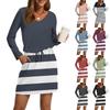 Women's Fashion V-Neck Long Sleeve Drawstring With Pocket Stripe Printed Casual Dresses