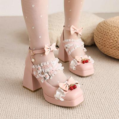 Женские туфли на платформе на высоком каблуке Сладкая Лолита Косплей Клубничные туфли Квадратный носок 9 см Женские толстые каблуки Бант Пряжка Размер 33-43