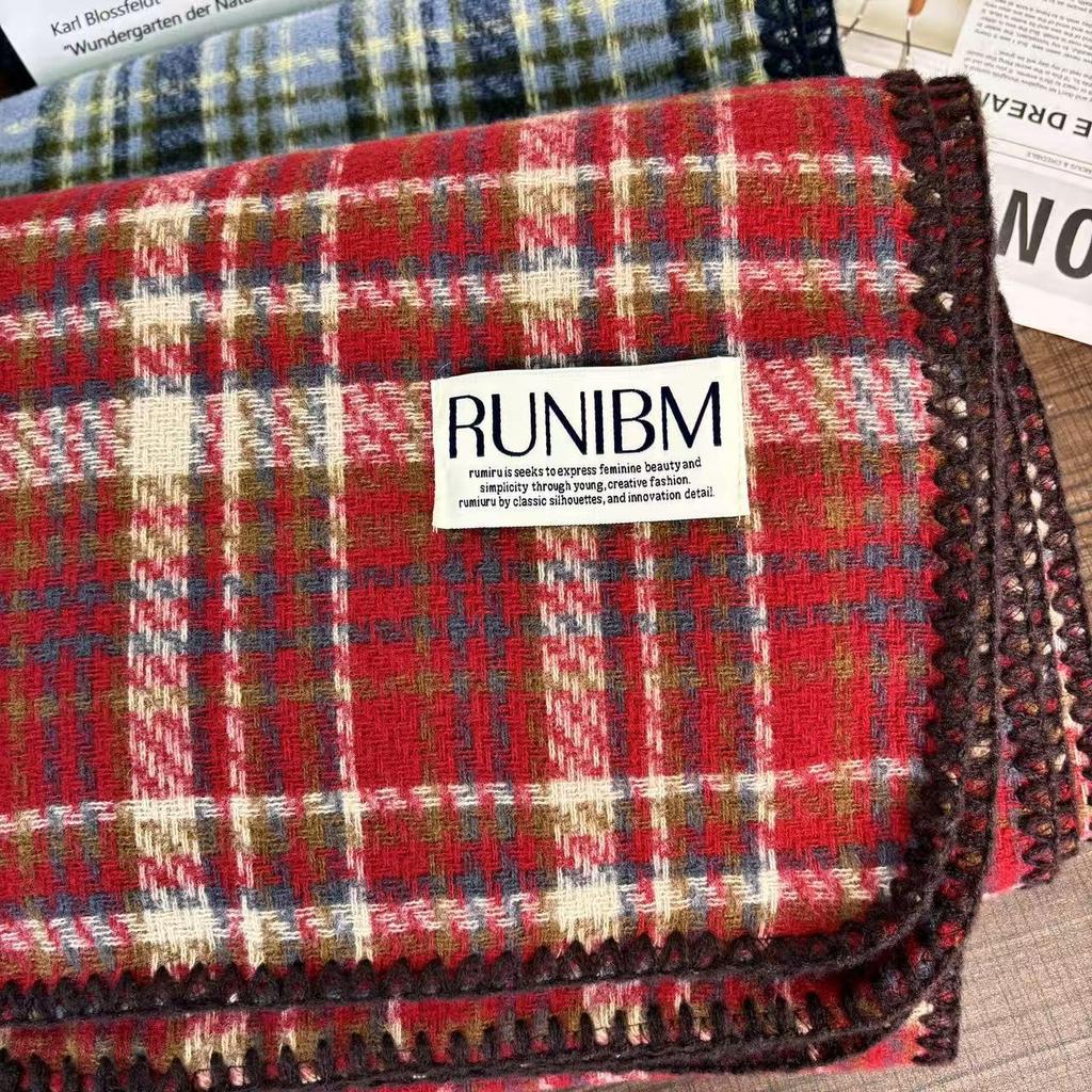 Korean Style Women's Red Plaid Imitation Cashmere Winter Scarf - Warm, Trendy Neck Warmer for Students & Couples