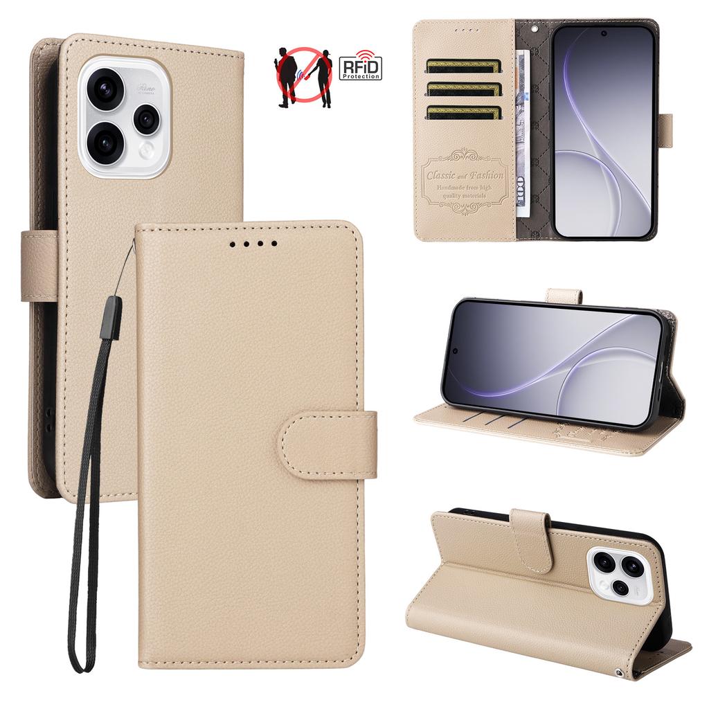 Для Oppo Reno15 5G (Глобальный)/Reno15c 5G (Китай) Чехол для телефона из искусственной кожи с защитой от RFID, тремя слотами для карт и ремешком на запястье.