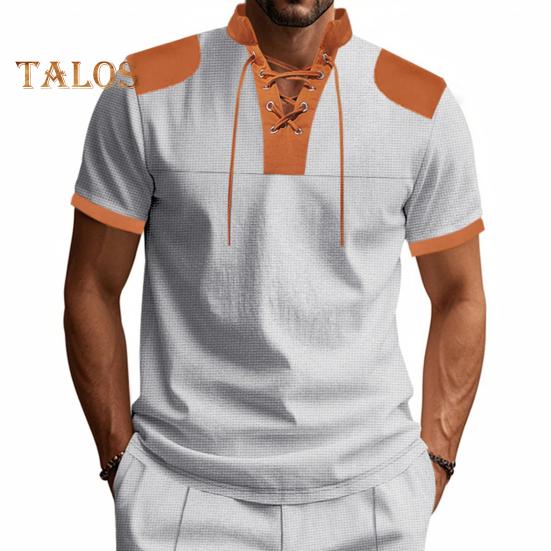 Мужская рубашка с V-образным вырезом на бретелях, цветная футболка с коротким рукавом в вафельную клетку, повседневная летняя футболка для повседневной вечеринки, офиса, путешествий