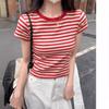 GMXIA Color Contrast Striped Short-sleeved T-shirt Women's Spring and Summer Design Sense Niche Slimming Short Shoulder T-shirt Base Top
