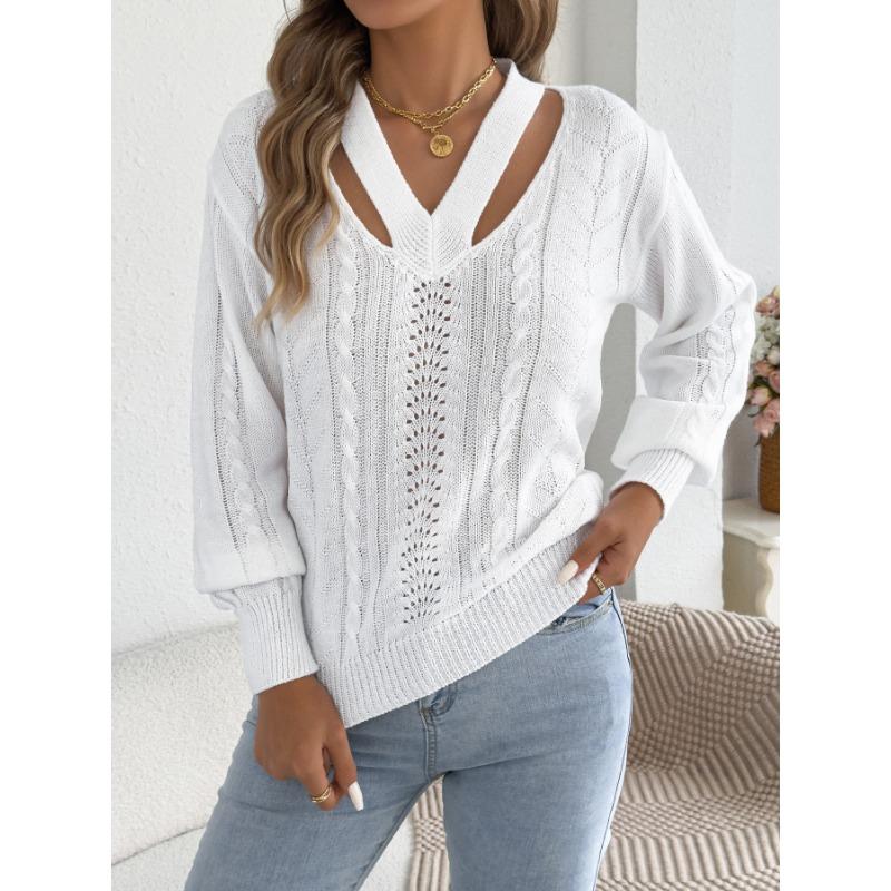Women S Solid Color V Neck Long Sleeve Hollow Out Sweater