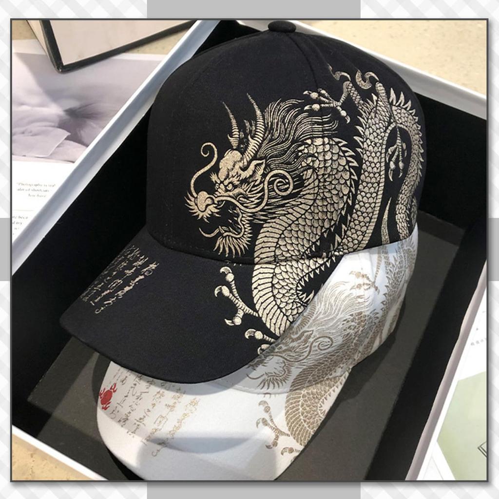 Chrome Crane Men's Black Dragon Cap with Kanji Print, Embroidered Design, and Brim, Street Style, CB344