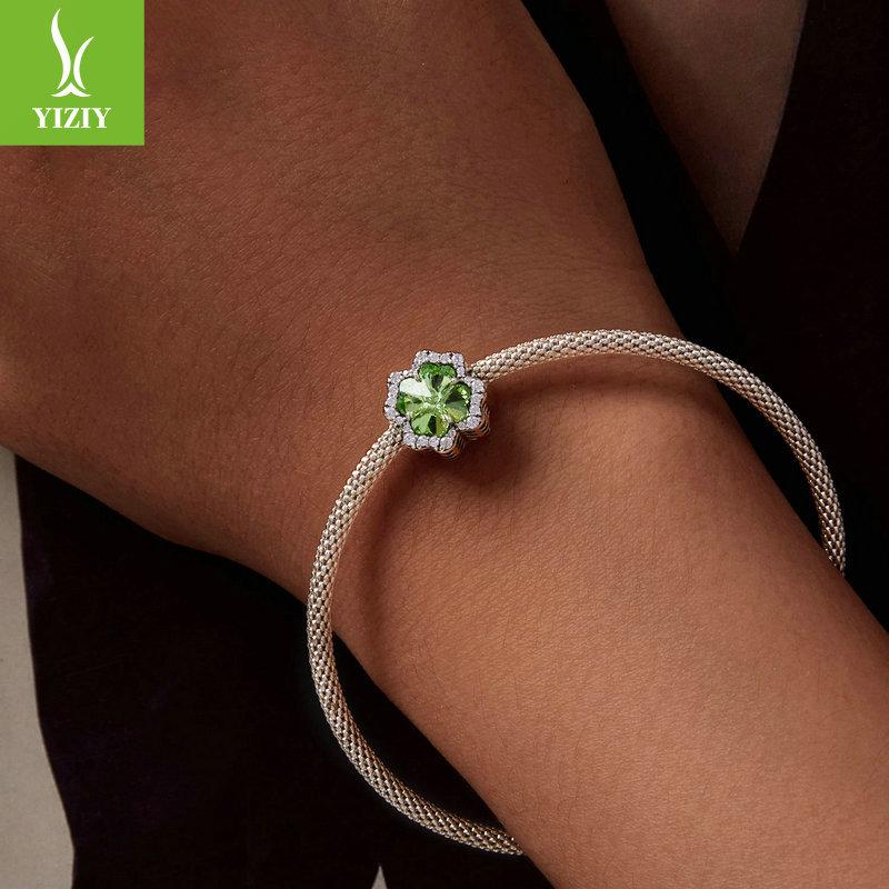 Simple Classic Green Four-Leaf Clover Diy Bracelet Beaded, Fashionable And Versatile S925 Sterling Silver Lucky Beads.