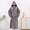 Merbau Hooded Bathrobe with Pockets & Waist Tie - Warm, Multifunctional Homewear In Solid Colors