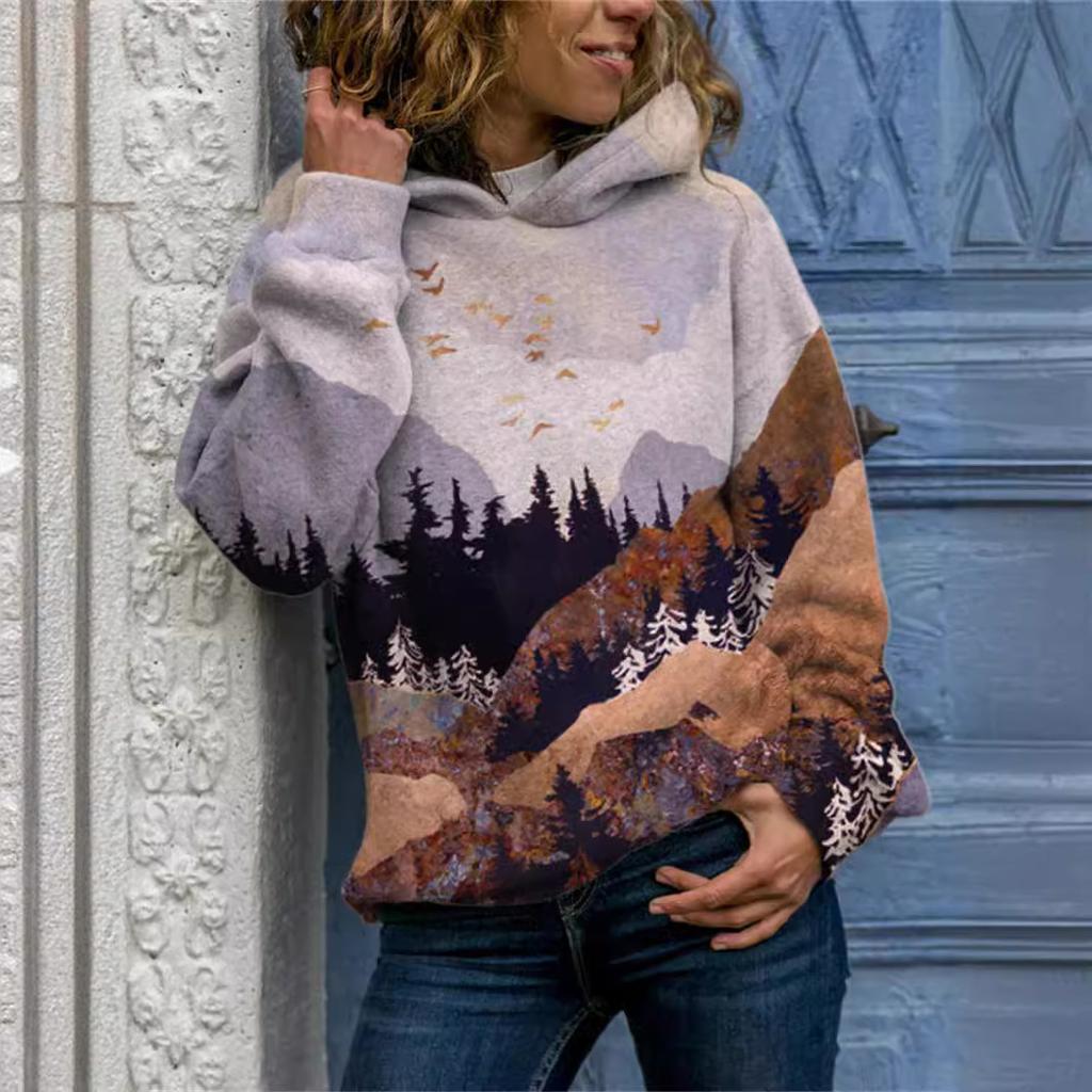 3d Loose Hooded Sweatshirt Landscape Female Gradient Printed Hoodies Women's Long Sleeved Pullover