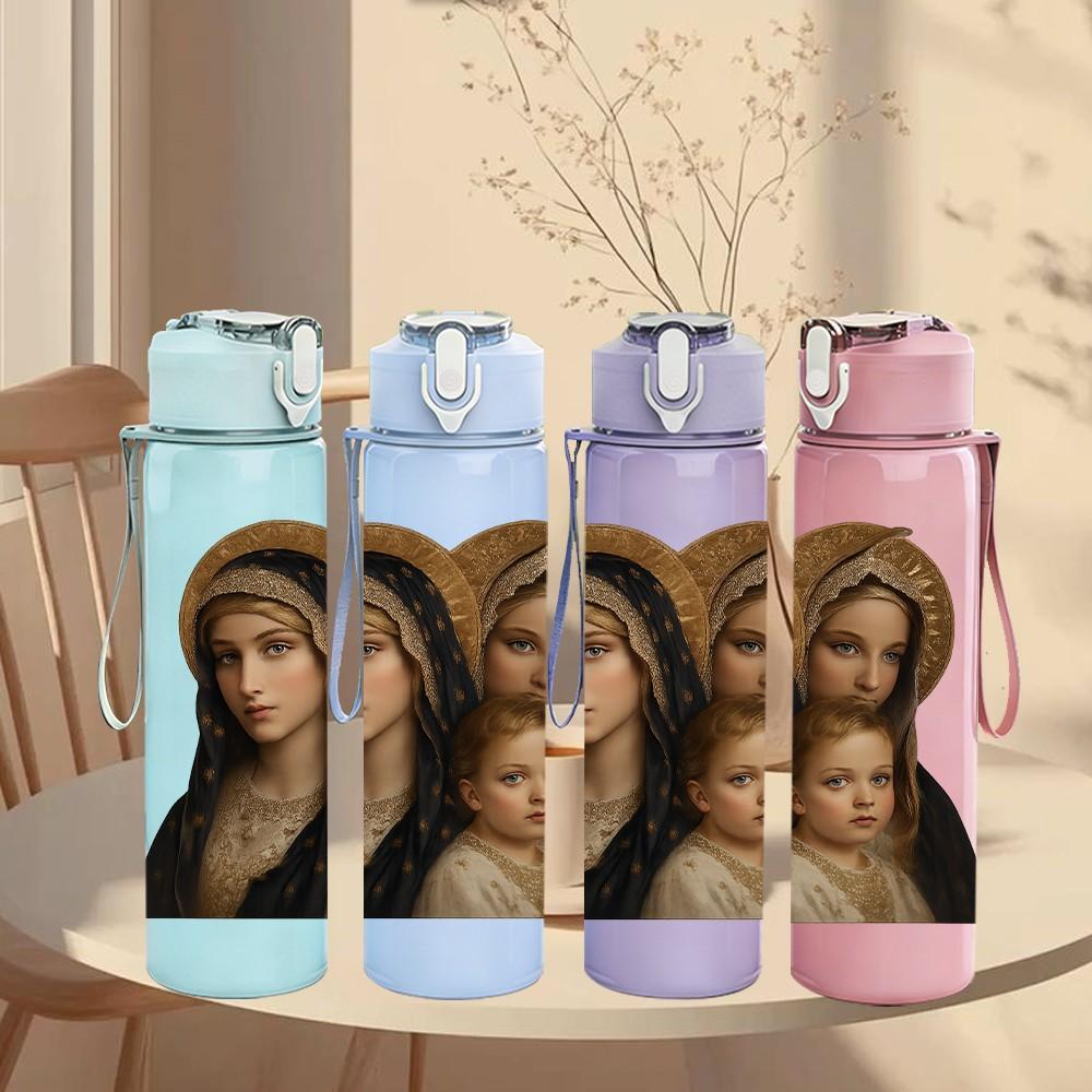 1PC Virgin Mary Holy Child Print 750ml Color Plastic Sports Water Bottle Leakproof Flip Straw Lid Suitable for Sports Office Home Use