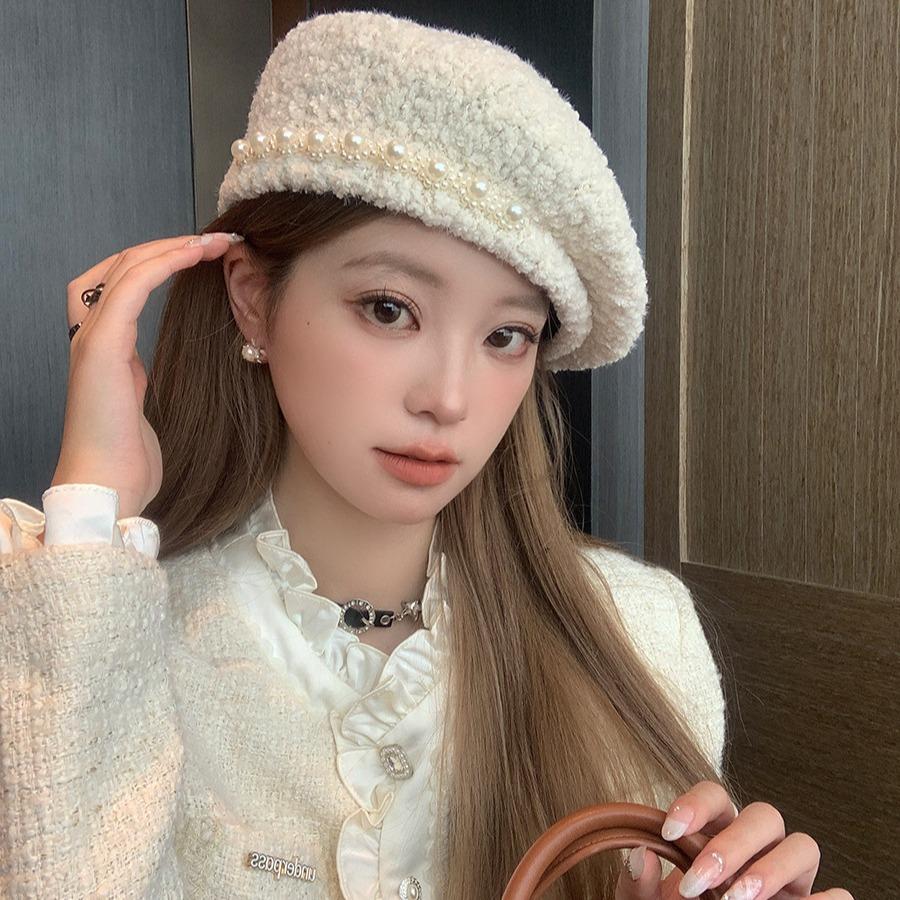 Lamb Wool Winter Top Hat Sweet Pearl Wool Beret Temperament Casual Face Little Painter Hat