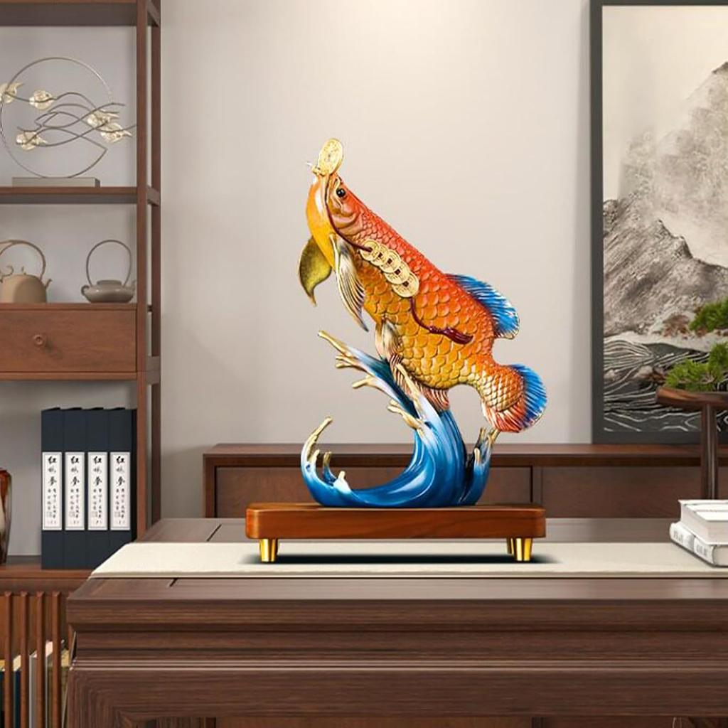 Aris & Juno Hand-Painted Copper Golden Arowana Sculpture with Coins, Traditional Chinese Wealth Symbol Statue, Feng Shui Office Desk Home Prosperity