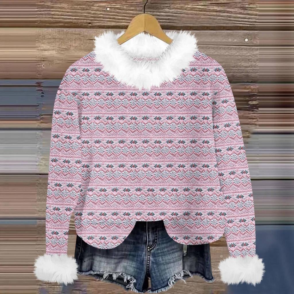 Свитшоты для женщин Вязаный свитер Милая рубашка Осенний круглый вырез Пуловер с меховым воротником Топы