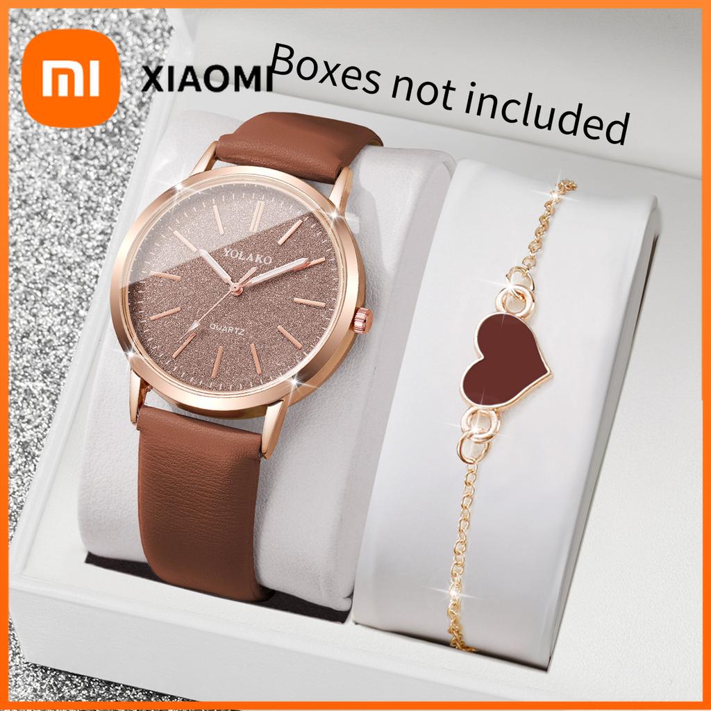 Xiaomi 2 шт. Модные женские часы Набор браслетов в форме сердца Повседневные кварцевые наручные часы на кожаном ремешке для девочек Часы Reloj Mujer (Без коробки)