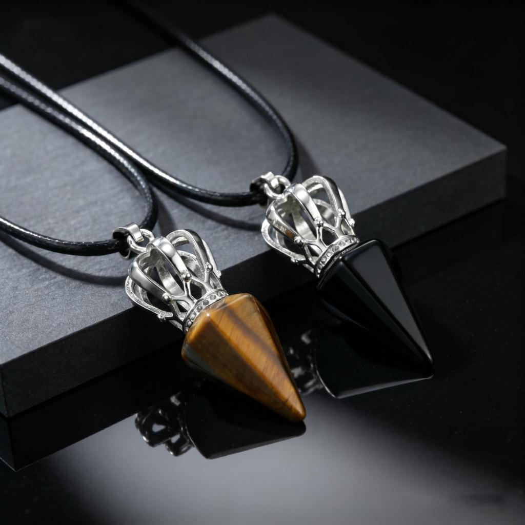 Fashion Cone Natural Stone Pendant Agate Tiger Eye Stone Stainless Steel Crown Adjustable Rope Necklace Stylish Jewelry for Men