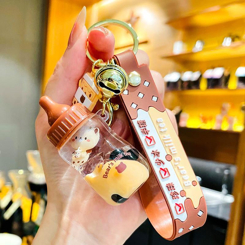 Stylish Acrylic Bear Keychain With Liquid Floating Milk Tea Design For Gifts