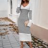 Women's Clothing 2025 Autumn and Winter Slim Sexy Deep V Contrasting Striped Sweater Dress
