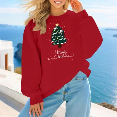 Женская мода повседневная рождественская принтованная осень и зима свободный круглый вырез пуловер свитшот топ