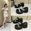 European Station 2025 Summer New Product Slope Heel Thick Bottom Heightened Feminine Rhinestone Surface One-word Slippers Wear Cool Slippers