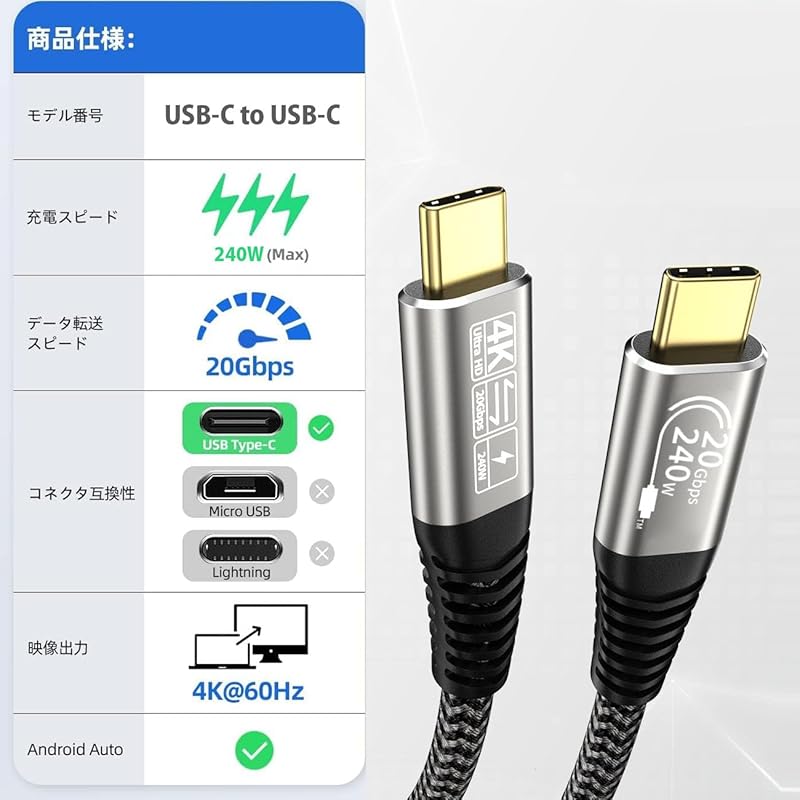 240W USB C To Cable Type-C PD Compatible Super Fast Charging Type C Cable, 20Gbps High Speed Data Transfer 1m 4K@60Hz Video Output 3.2 Gen2*2 Standard