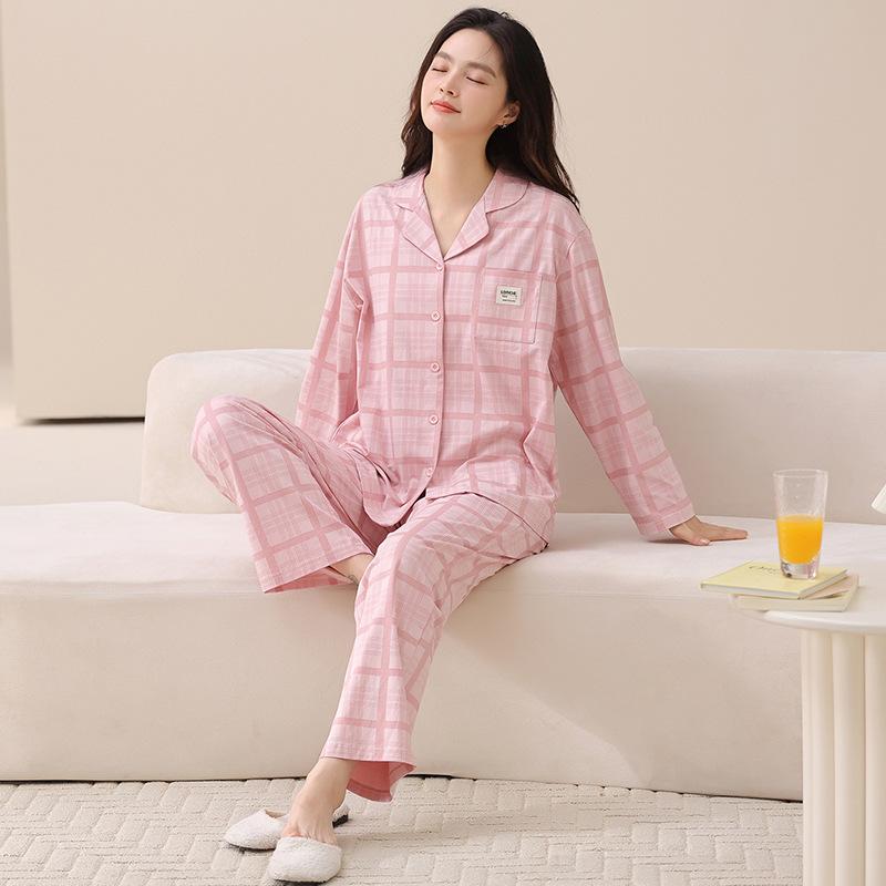 Couple pajamas pure cotton long-sleeved spring and autumn women's simple casual men's comfortable cardigan cotton loungewear set