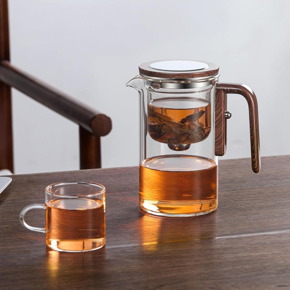 Glass Teapot with Filter Wooden Handle One Click Magnetic Switch Tea Separation Filtration Suitable for Family Gifts Offices