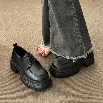 Японские черные маленькие кожаные туфли женские 2025 новая осень и зима ретро британский стиль на толстой подошве с увеличением роста универсальные на шнуровке jk одинарные туфли
