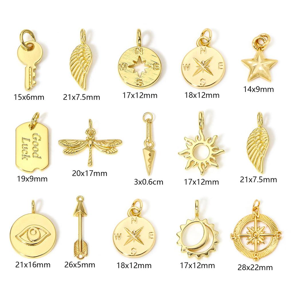 Латунные Подвески Позолоченные Настоящим Золотом 18K Солнце Луна Крыло Ключ Талисман Удачи Для DIY Ожерелья Изготовления Украшений Фурнитура, 1 Штука