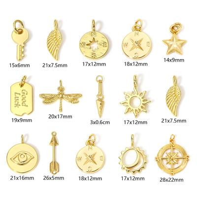 Латунные Подвески Позолоченные Настоящим Золотом 18K Солнце Луна Крыло Ключ Талисман Удачи Для DIY Ожерелья Изготовления Украшений Фурнитура, 1 Штука