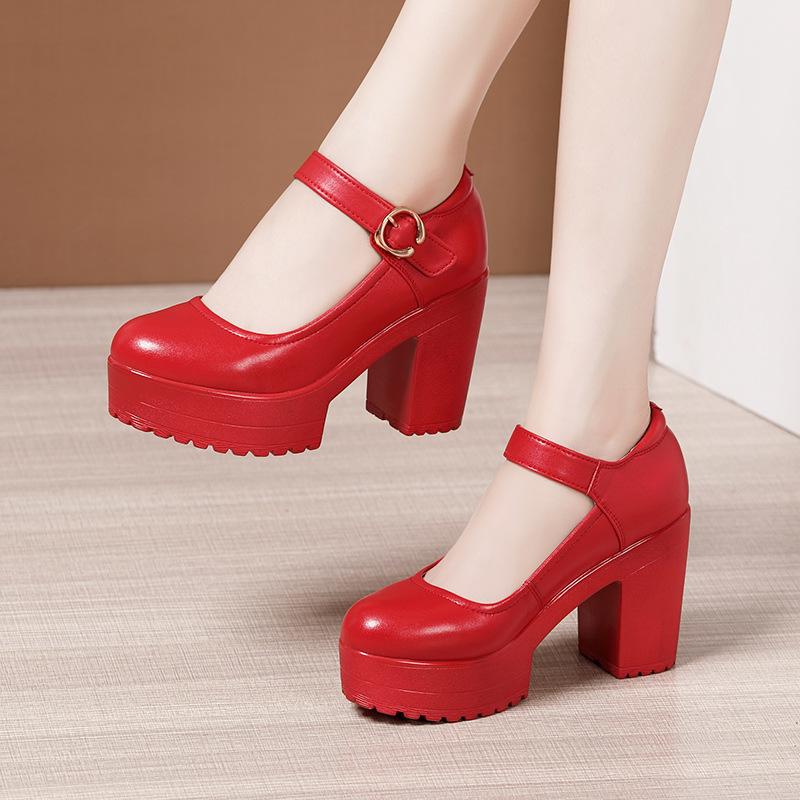 Мода Размер 32-43 Серебряные Красные Свадебные Туфли Мягкая Коровья Кожа Женские Туфли на Толстом Высоком Каблуке Массивные Туфли-Лодочки на Платформе Комфорт Женские Офисные Туфли