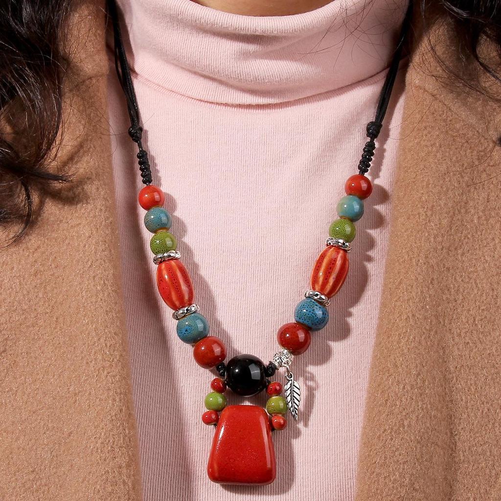 Ethnic Style Long Handmade Beaded Necklace Sweater Tourism Jewelry Necklace Colorful Ceramic Jewelry Stone Necklace