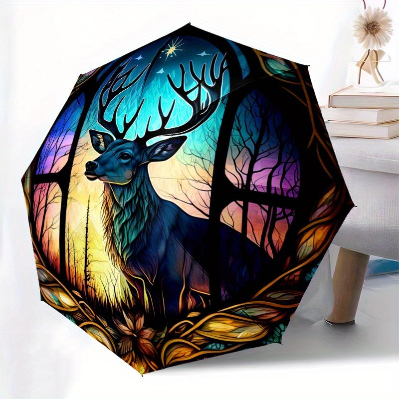 Stained Glass Deer Window Panel, Vibrant Forest Scene Umbrella, Cute Umbrella with Cute Design, Portable 3-Fold Compact Umbrella for Men & Women, Vale