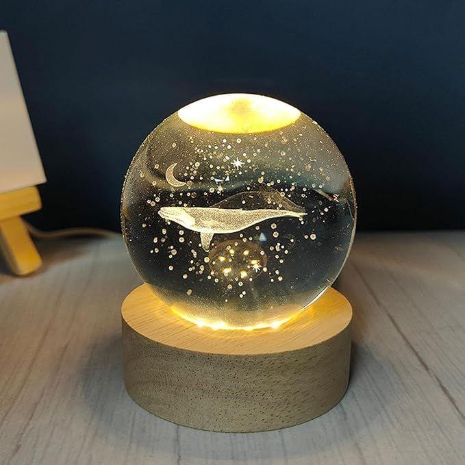 Кристальный шар 3D с китом, ночник с деревянной подставкой - светодиодная USB настольная лампа для детей, подростков и домашнего декора