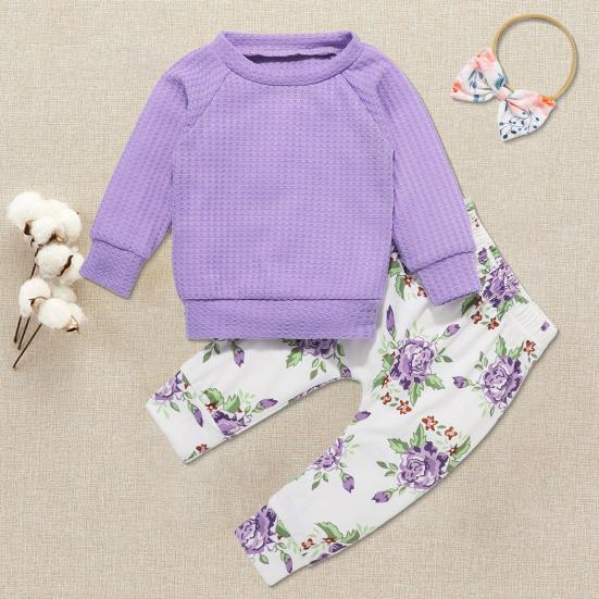 3 шт./компл. Детский костюм из топа и брюк с бантом, повязкой на голову, цветочным принтом, круглым вырезом, длинными рукавами, эластичным поясом и брюками, наряд для различных случаев