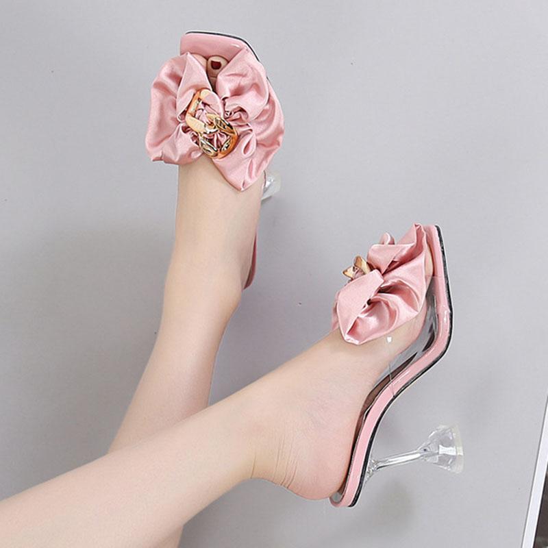 Модные прозрачные тапочки на каблуках с квадратным носком, босоножки, элегантные женские туфли-лодочки с бантом и кристаллами, женские туфли на высоком каблуке