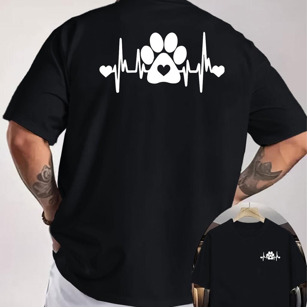 Paw Print Heartbeat Graphic Tee Men's Round Neck Cotton Short Sleeve T Shirt Pet Lover Casual T