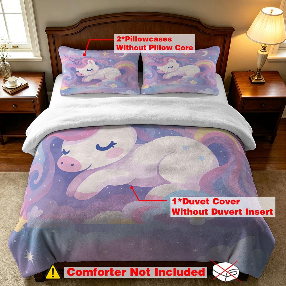 3PCS Dream Starry Unicorn Milk Velvet Duvet Cover Set Without Filling 1 Duvet Cover 2 Pillowcases Soft Fluffy Machine Washabl