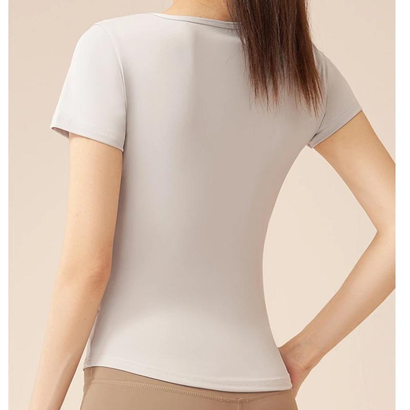 New Summer Running V-neck Yoga T Shirt Female Short sleeved Naked Quick drying Fitness Pleated Sports Top for Women